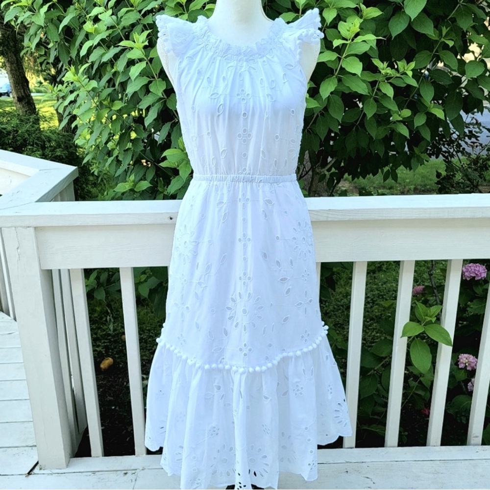 J Crew White Eyelet A-Line Dress Ruffled Sleeves size 4
